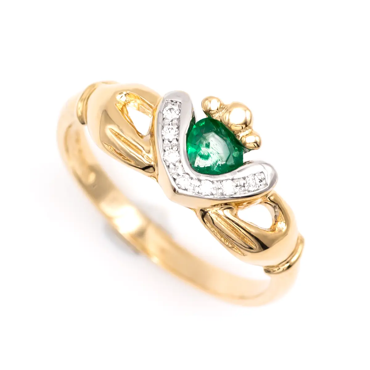 Ladies 14k Gold Claddagh Ring with Emerald and Diamonds
