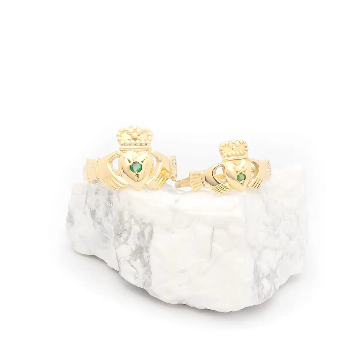 Ladies and Gents Gold Emerald Claddagh Ring Set