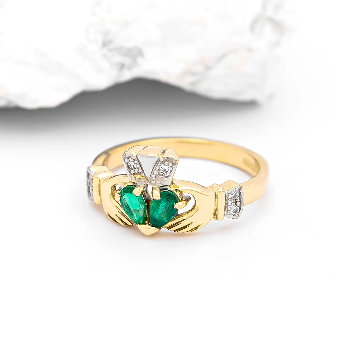 Split Heart Emerald And Gold Claddagh Ring