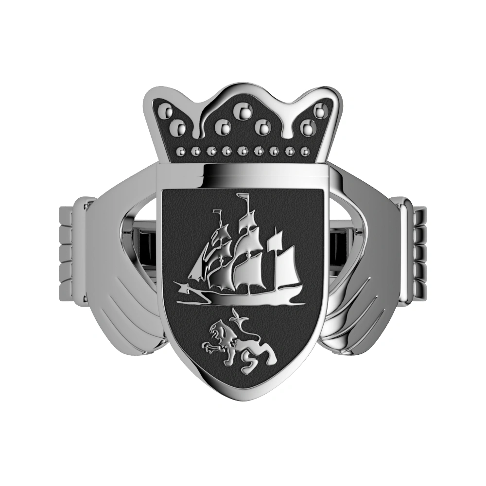 Ladies Oxidized Silver Claddagh Family Crest Ring