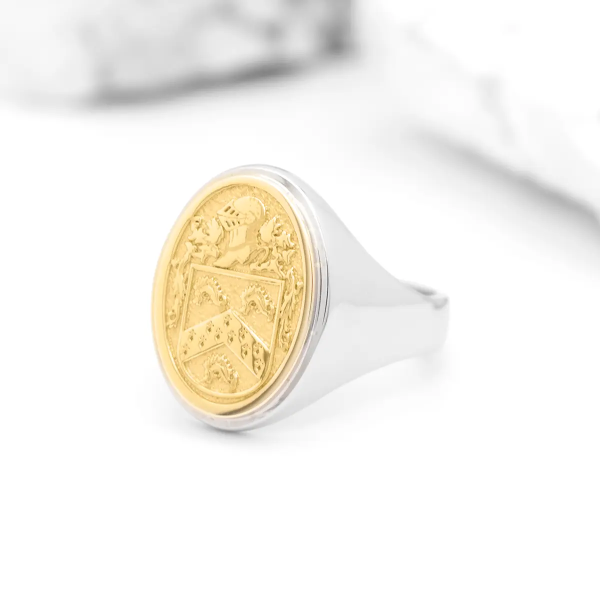 Ladies Two Tone Oval Family Crest Signet Ring