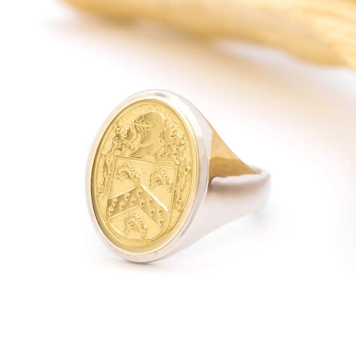 Ladies Two Tone Oval Family Crest Signet Ring Photo 3 