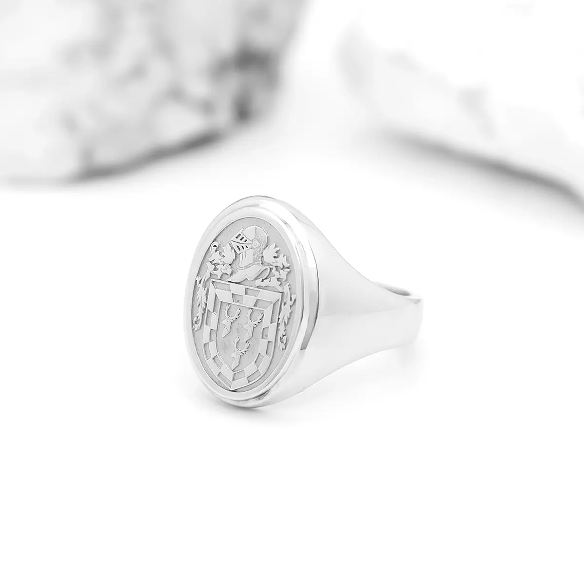 Ladies White Gold Oval Family Crest Signet Ring Photo 2 