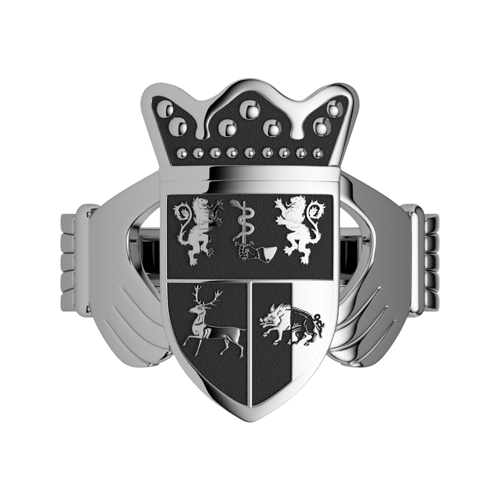 Mens Oxidized Silver Claddagh Family Crest Ring