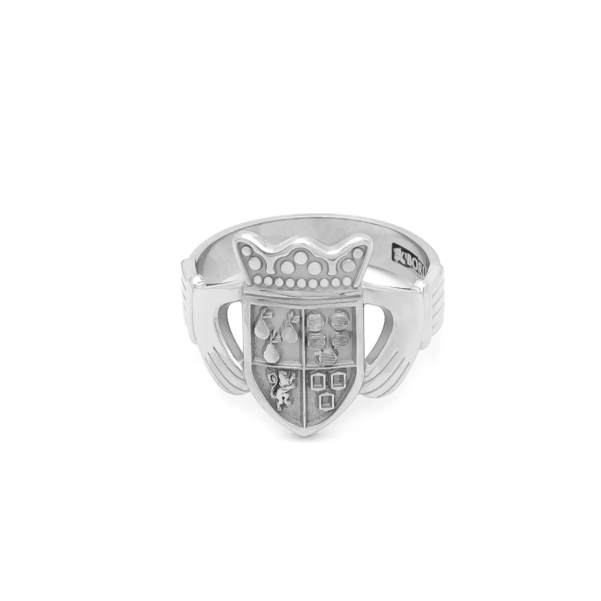 Mens Silver Claddagh Family Crest Ring...