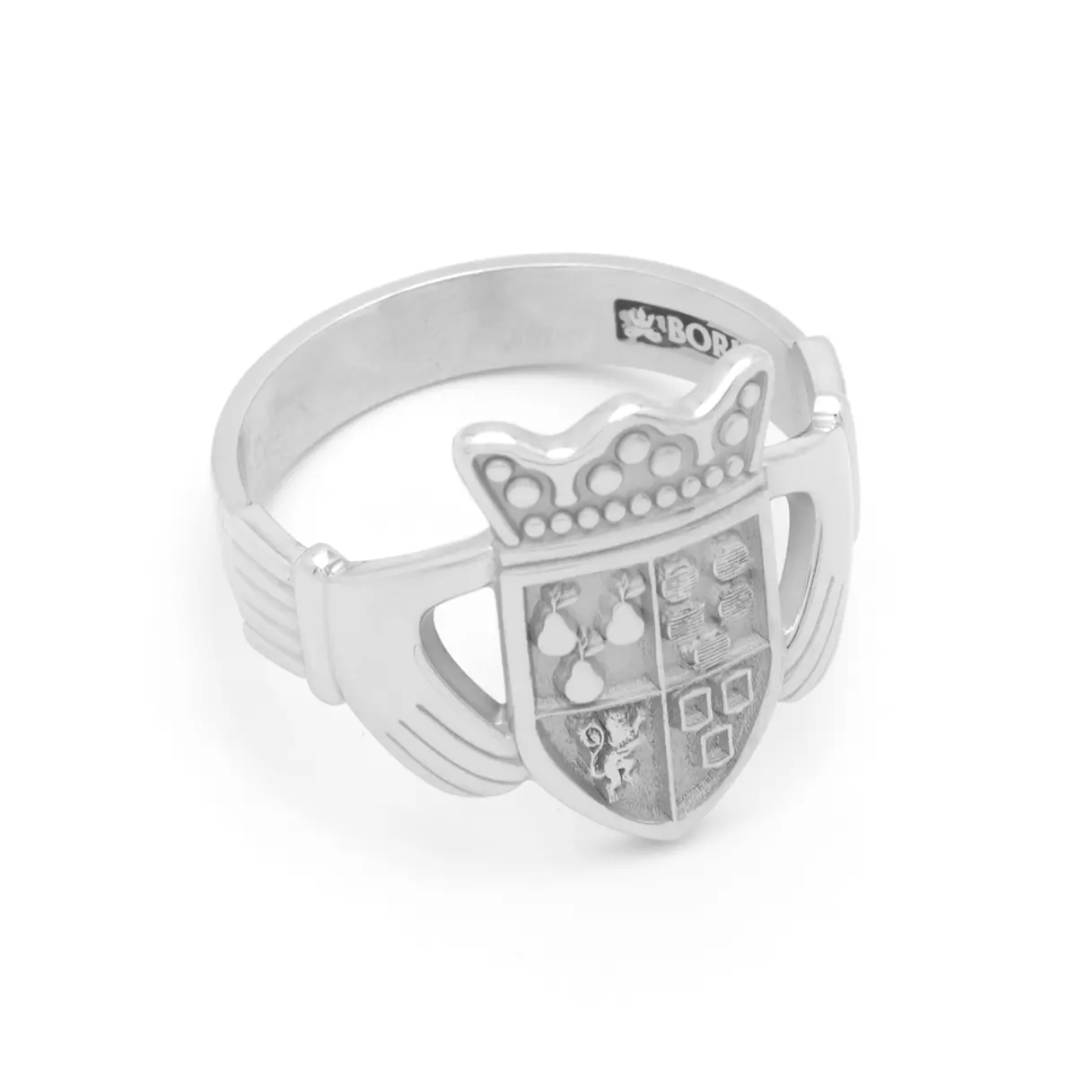 Mens White Gold Claddagh Family Crest Ring Photo 1 