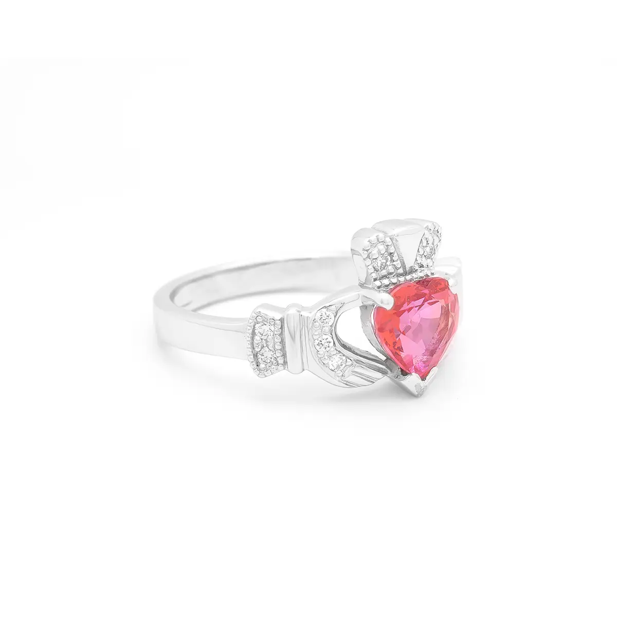 14K White Gold Claddagh Ring WIth Pink Sapphire Heart And Diamonds