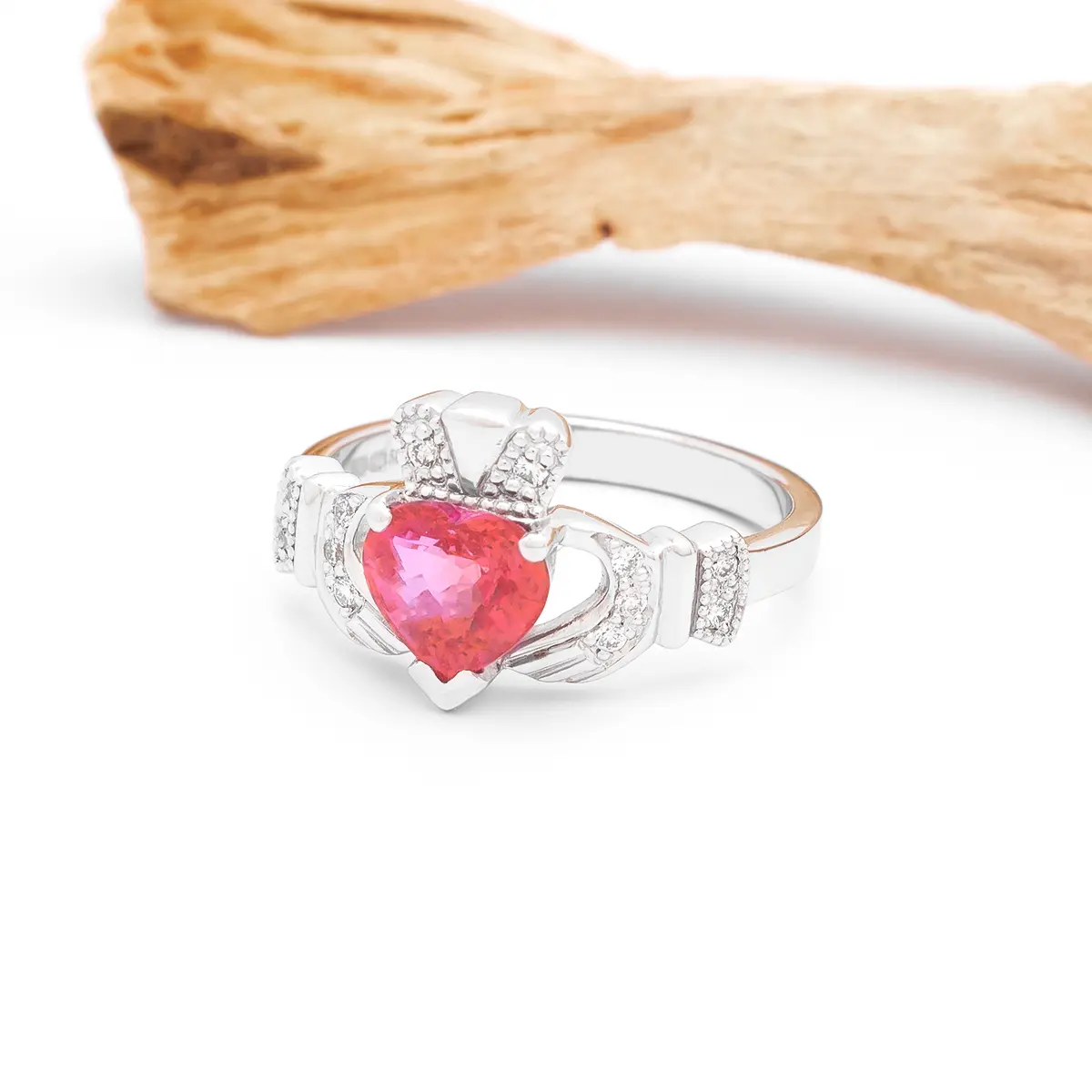14K White Gold Claddagh Ring WIth Pink Sapphire Heart And Diamonds