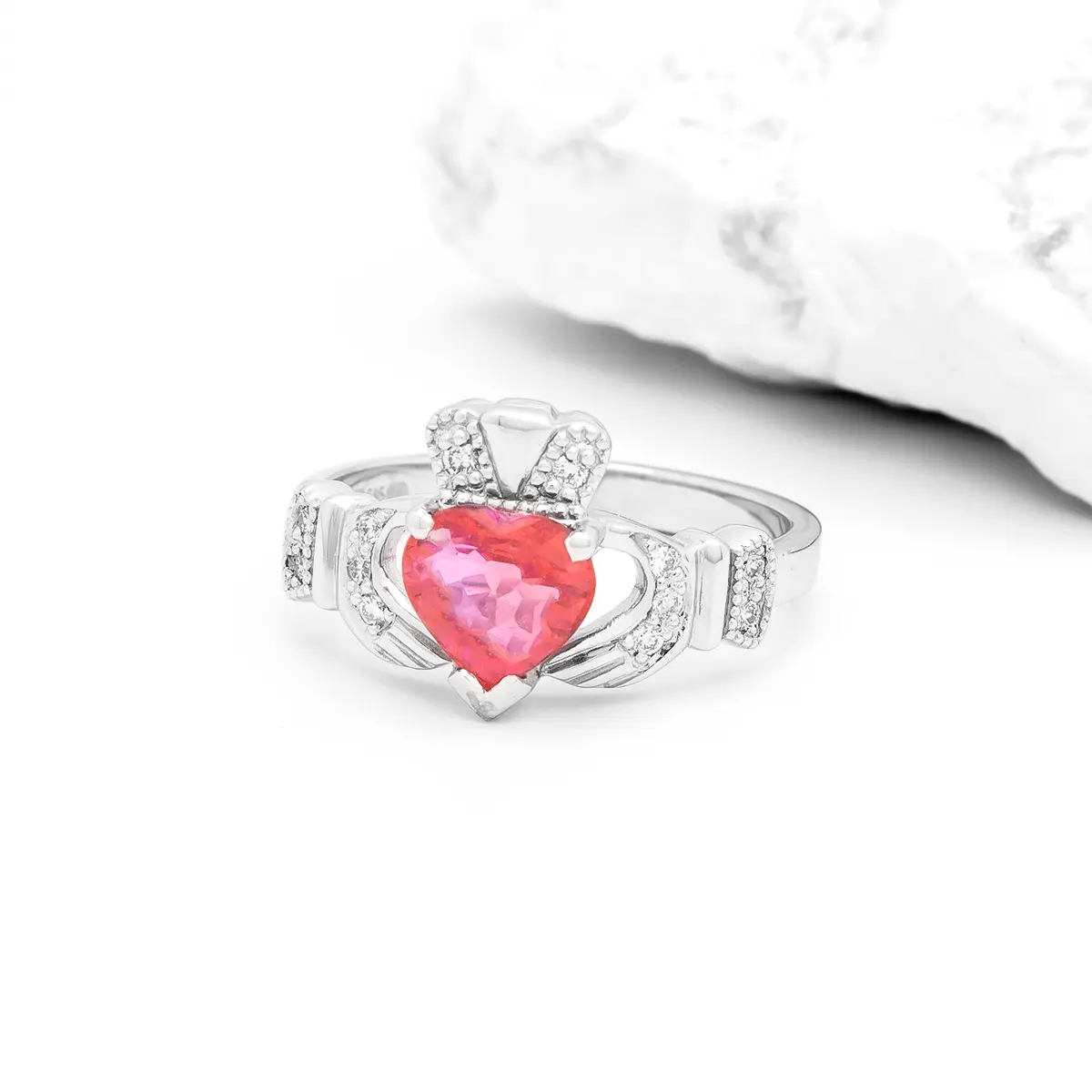 14K White Gold Claddagh Ring WIth Pink Sapphire Heart And Diamonds...