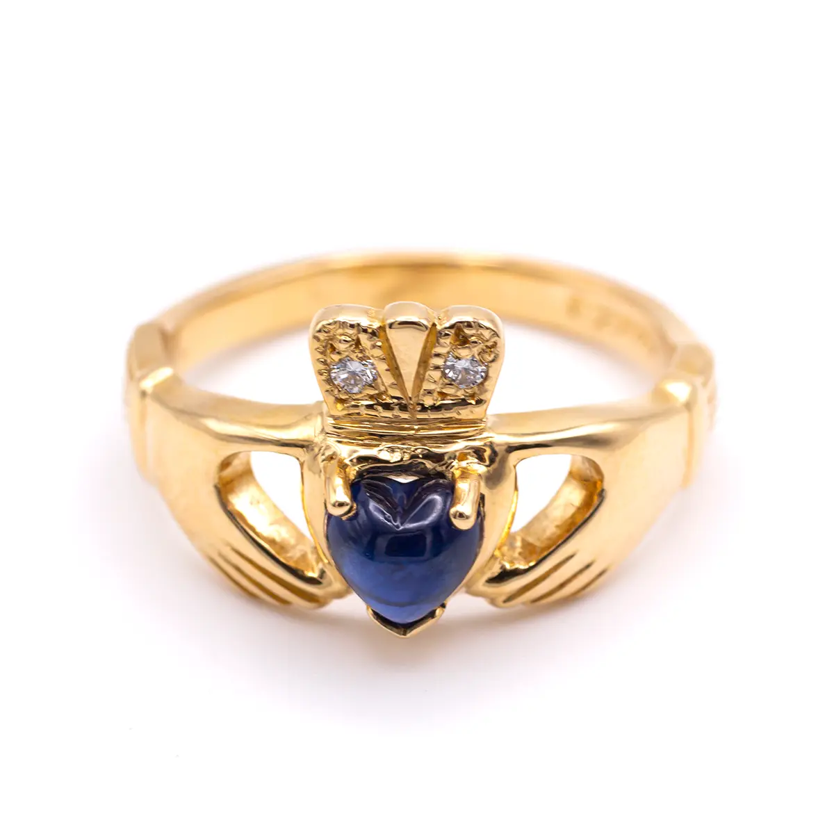 Gold Claddagh Ring with Heartshaped Sapphire and Diamonds...