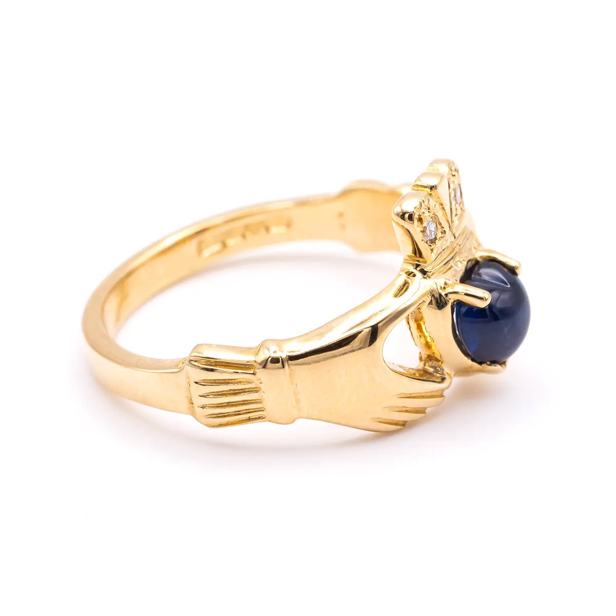 Gold Claddagh Ring with Heartshaped Sapphire and Diamonds