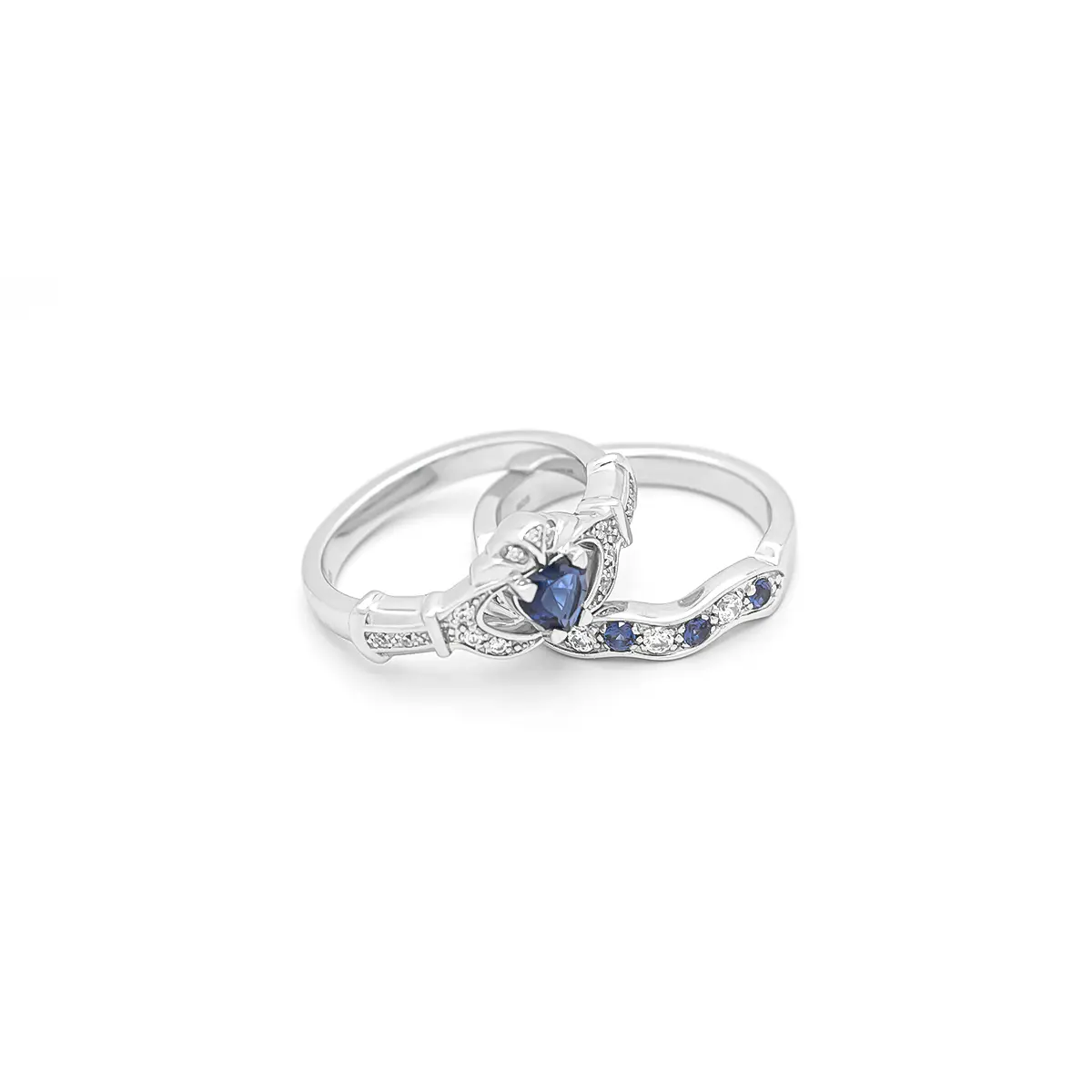 White Gold Sapphire and Diamond Claddagh Bridal Ring Set Photo 5 