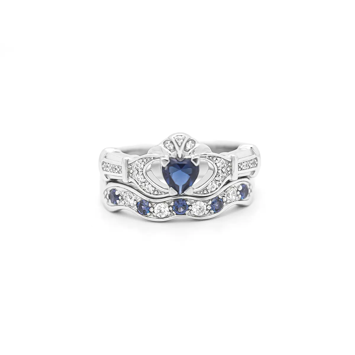 White Gold Sapphire and Diamond Claddagh Bridal Ring Set Photo 2 