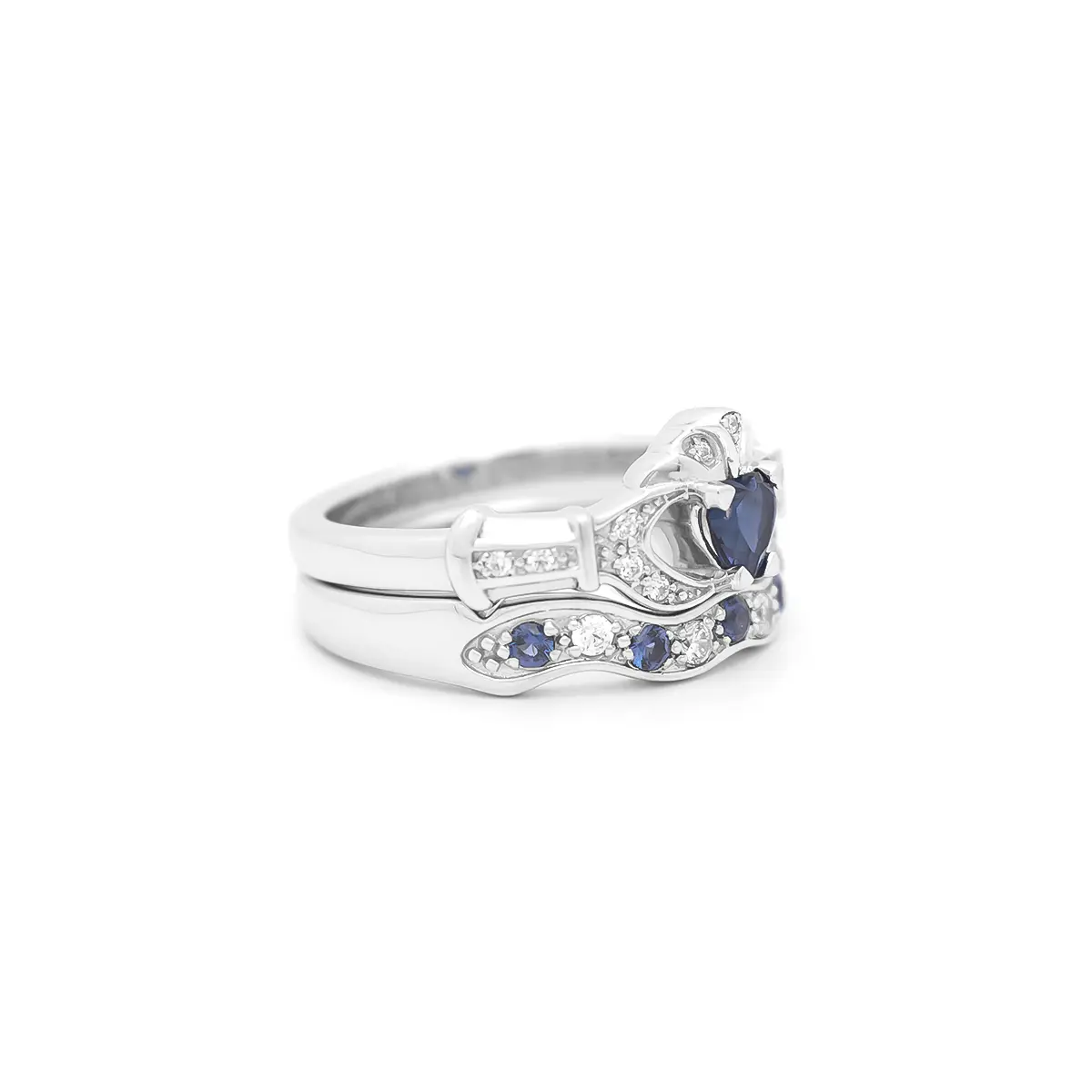 White Gold Sapphire and Diamond Claddagh Bridal Ring Set Photo 3 