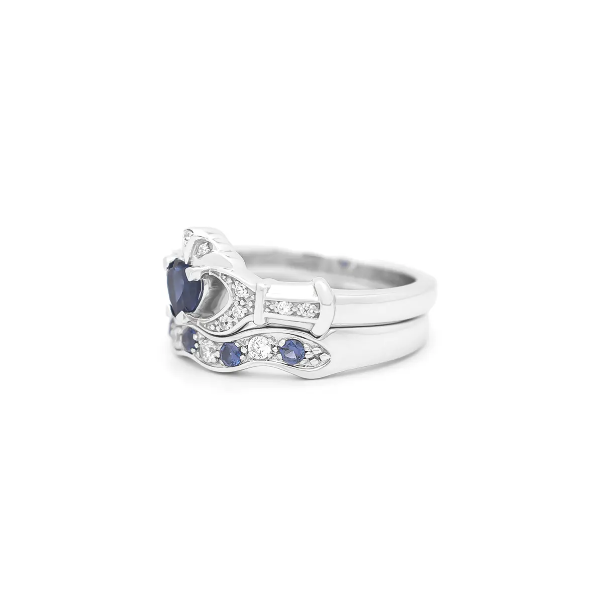 White Gold Sapphire and Diamond Claddagh Bridal Ring Set Photo 4 