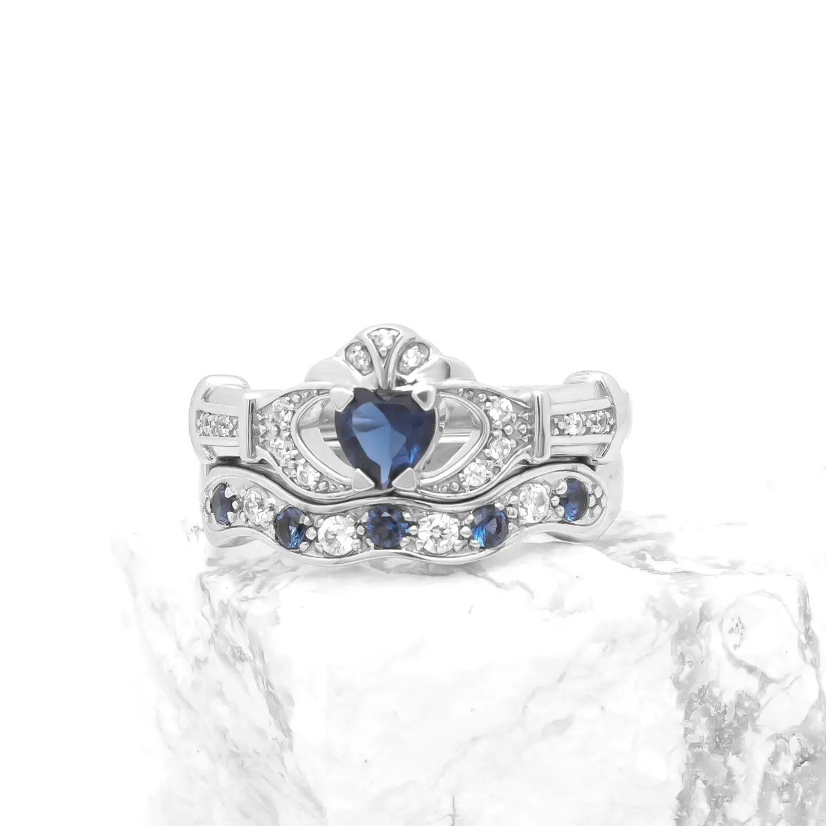 White Gold Sapphire and Diamond Claddagh Bridal Ring Set