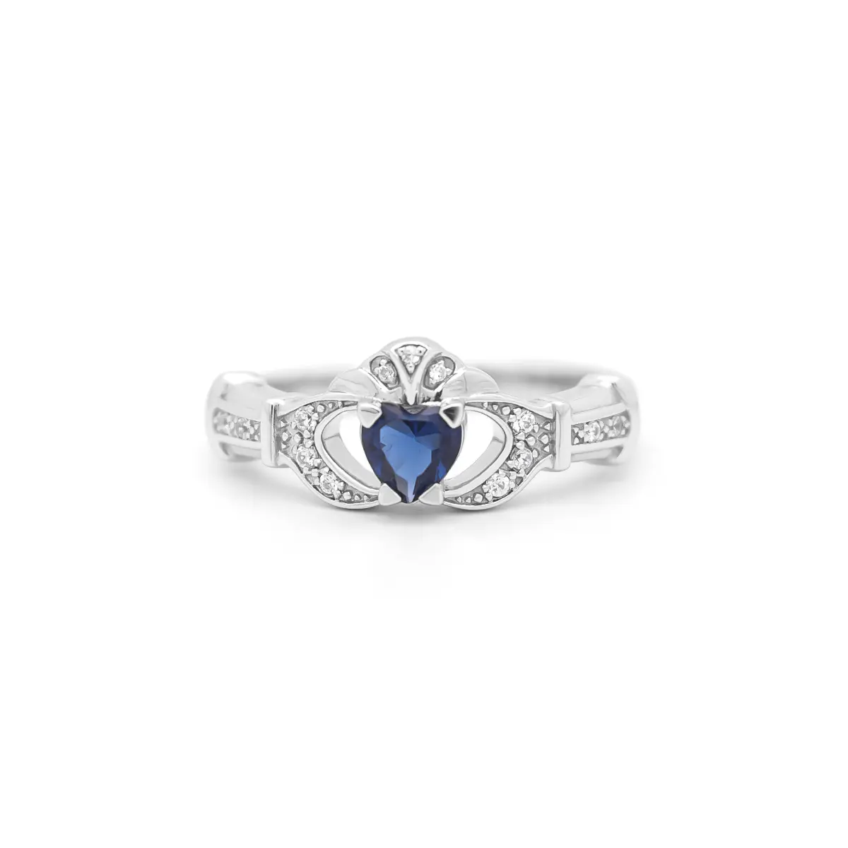 White Gold Sapphire and Diamond Claddagh Engagement Ring Photo 3 