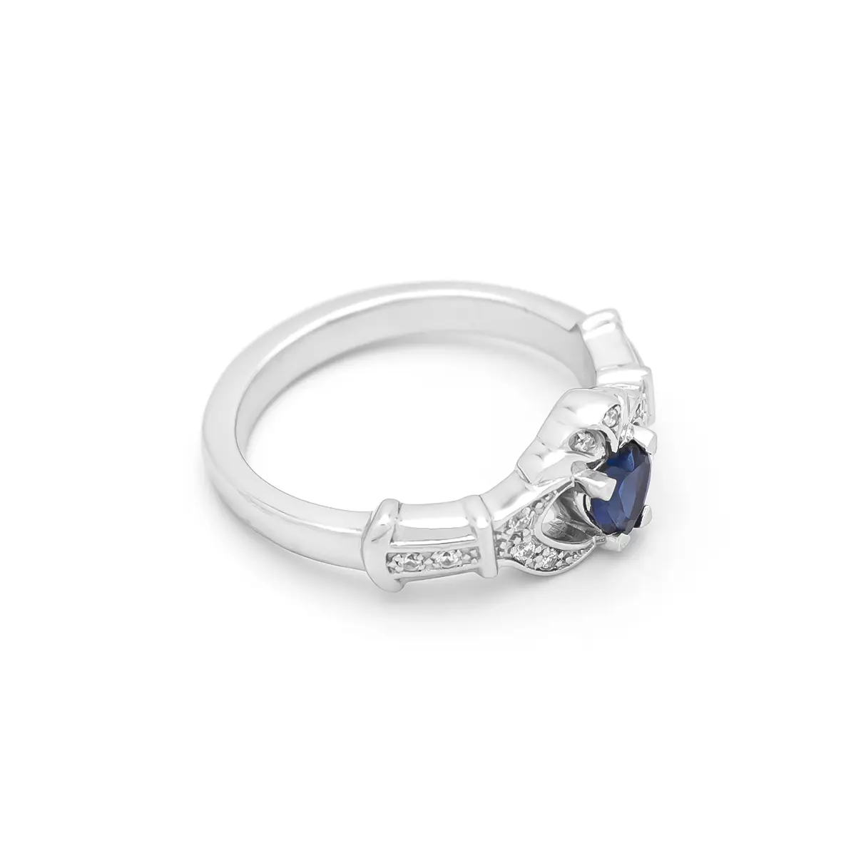 White Gold Sapphire and Diamond Claddagh Engagement Ring Photo 5 