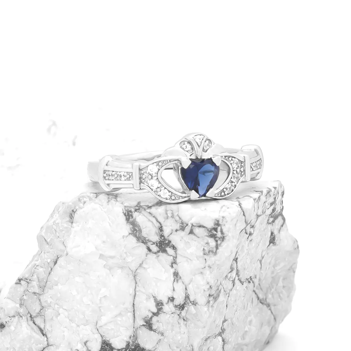 White Gold Sapphire and Diamond Claddagh Engagement Ring Photo 4 