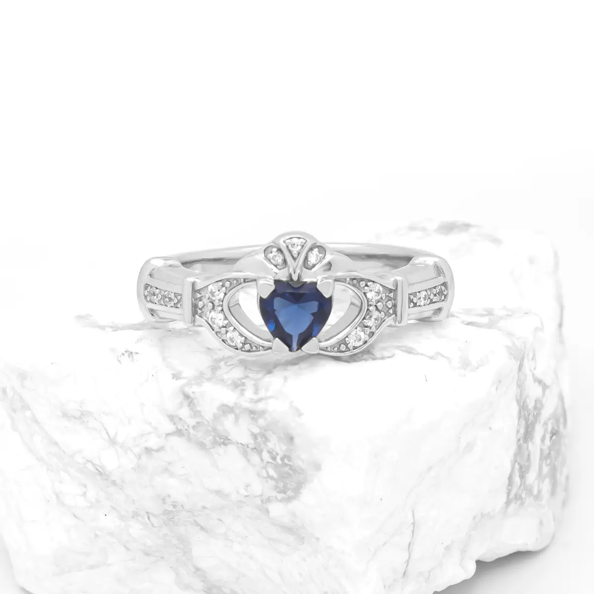 White Gold Sapphire and Diamond Claddagh Engagement Ring