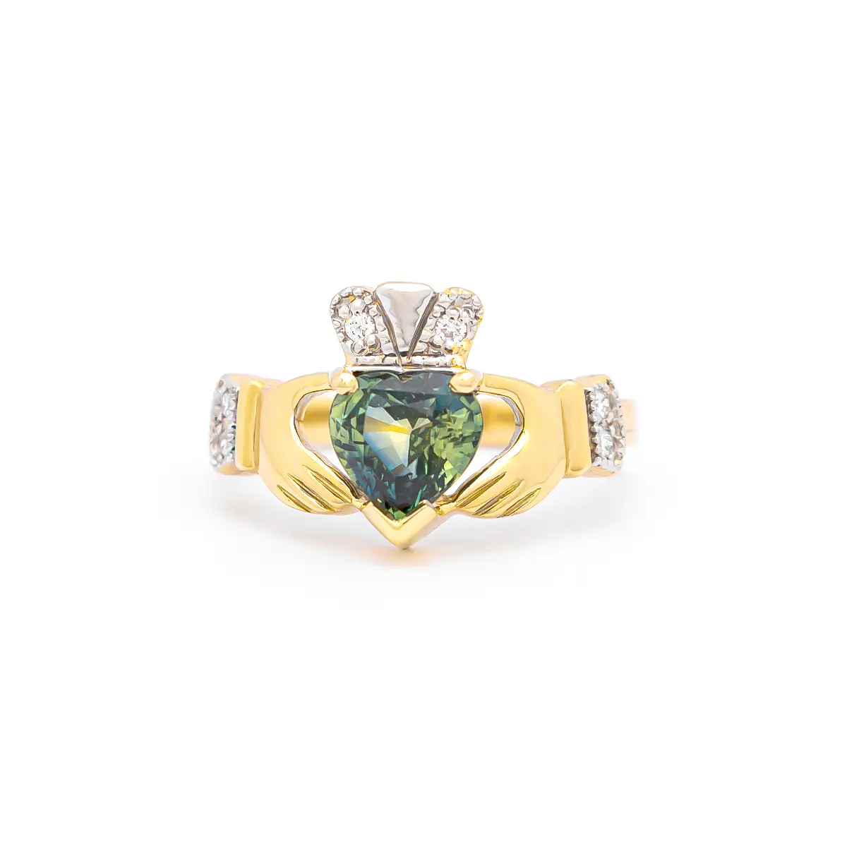 Diamond Claddagh Ring With Heartshape Teal Sapphire
