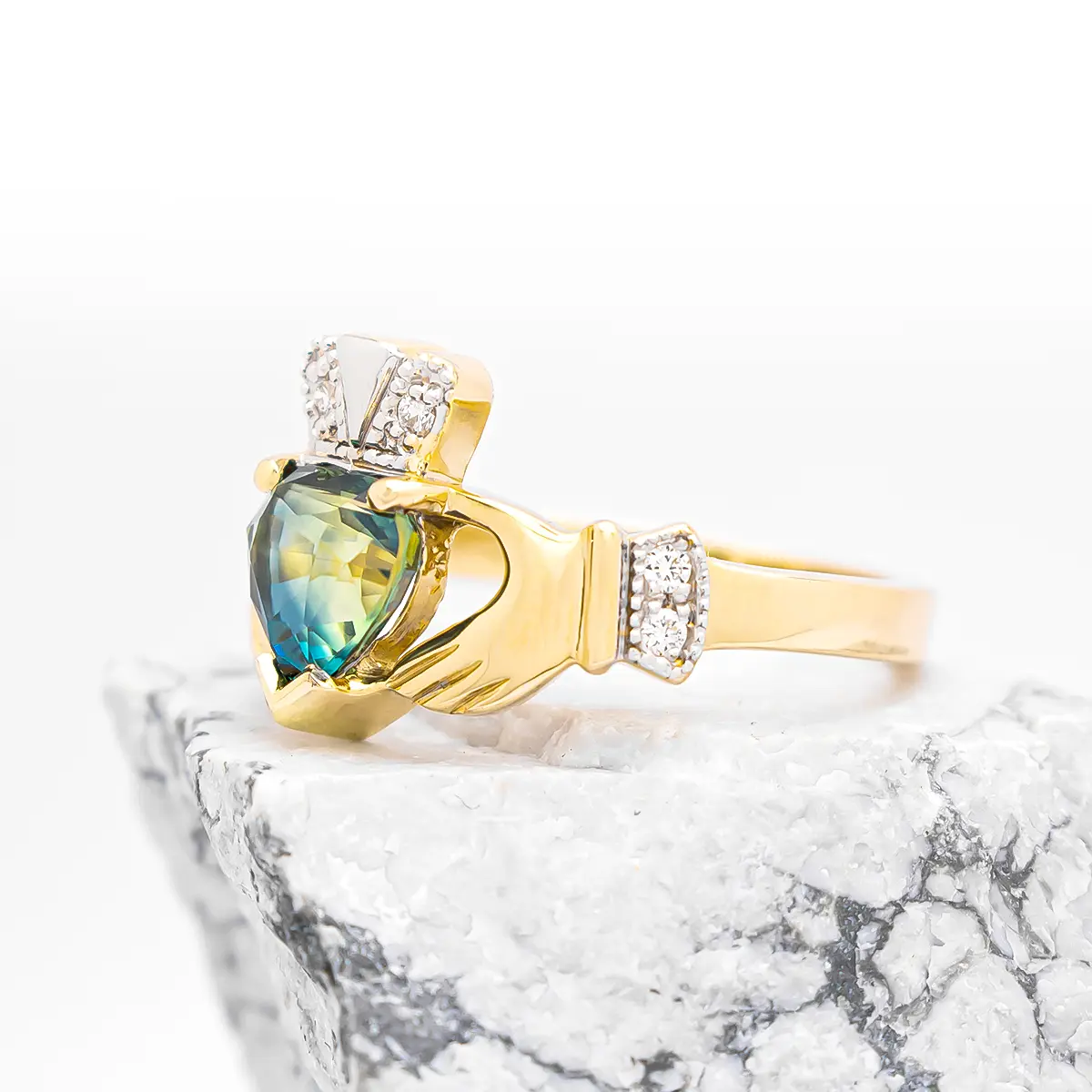 Diamond Claddagh Ring With Heartshape Teal Sapphire