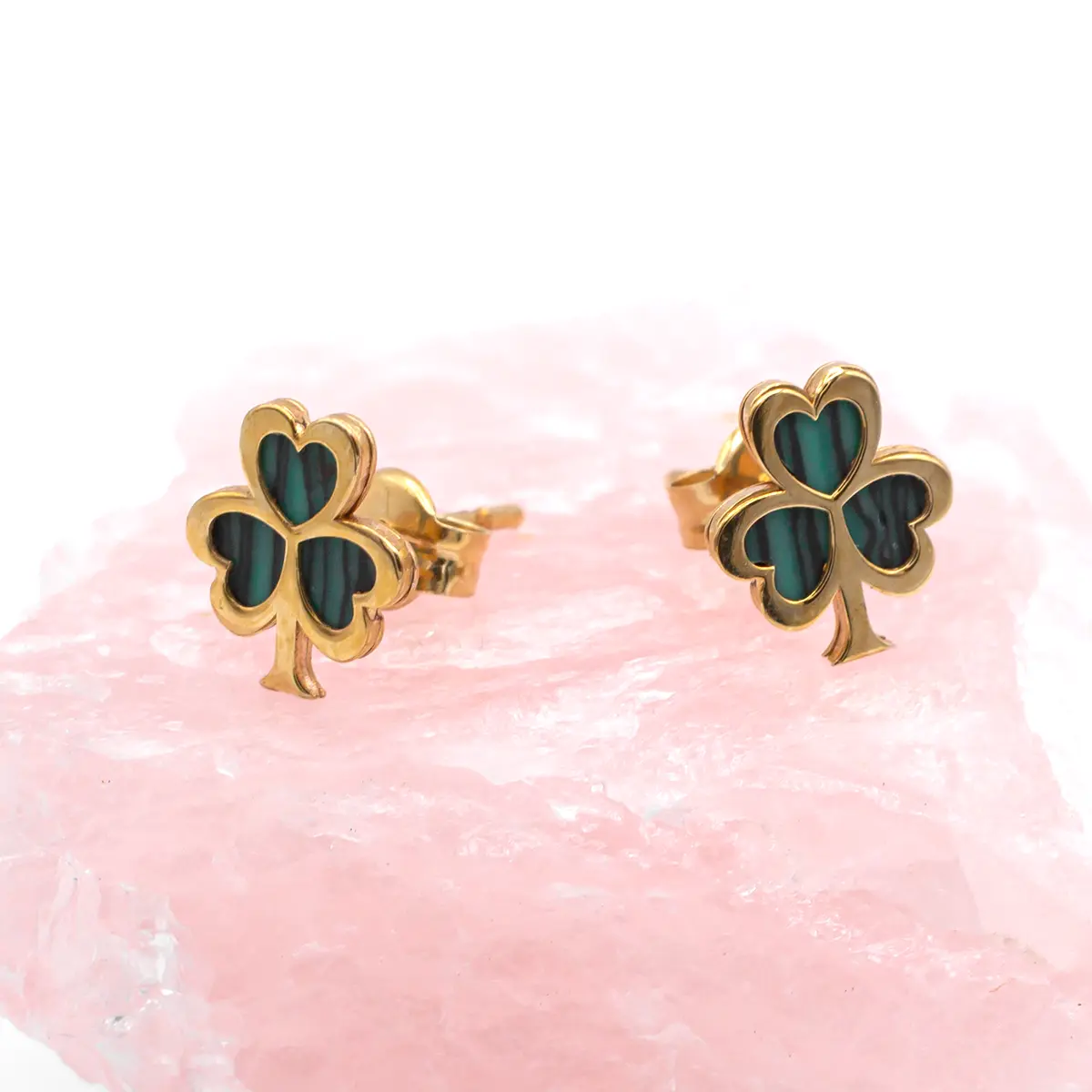 10k Gold Malachite Irish Shamrock Earrings
