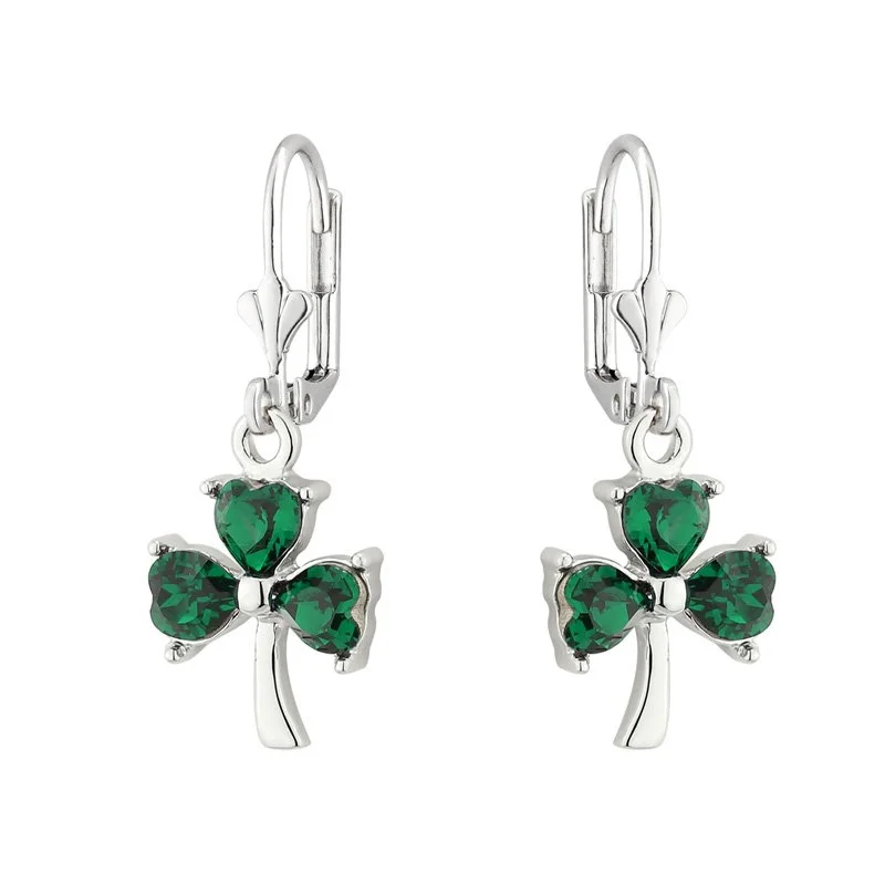 Silver Irish Shamrock Earrings With Green Crystals...