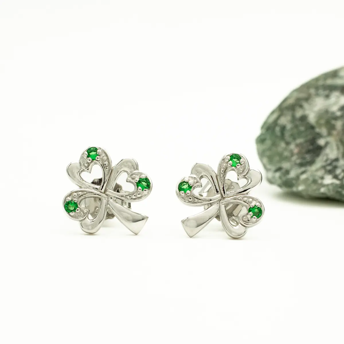 Silver Shamrock Stud Earrings With Synthetic Emeralds