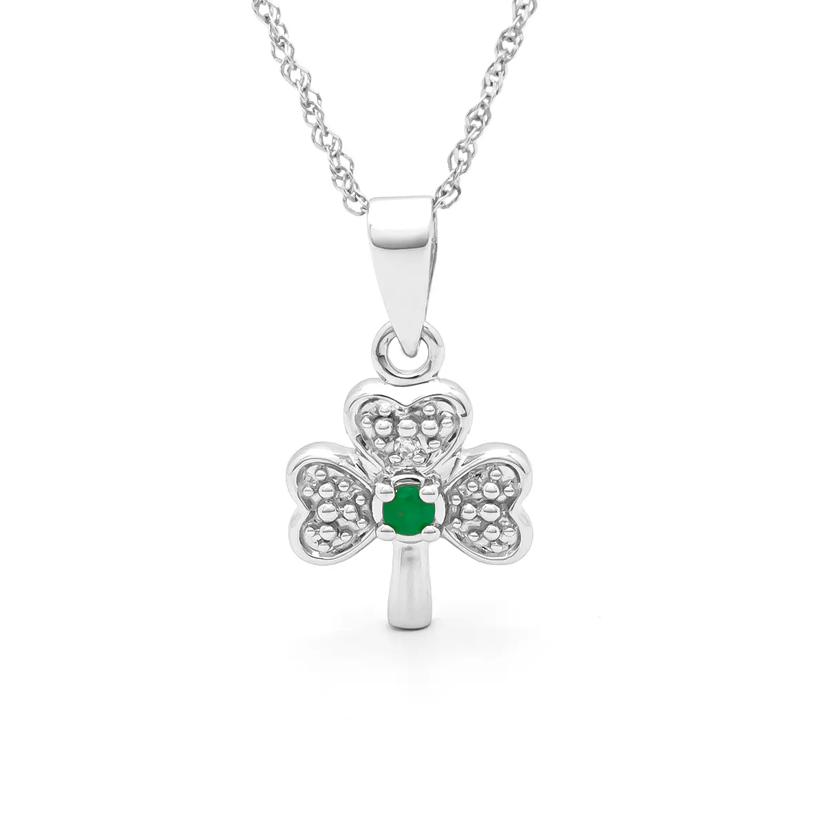 Diamond & Emerald Irish Shamrock Pendant In 14K White Gold