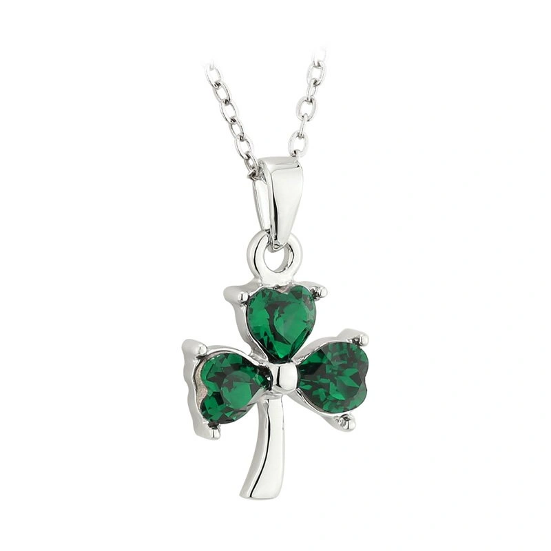 Silver Irish Shamrock Necklace With Green Crystals...