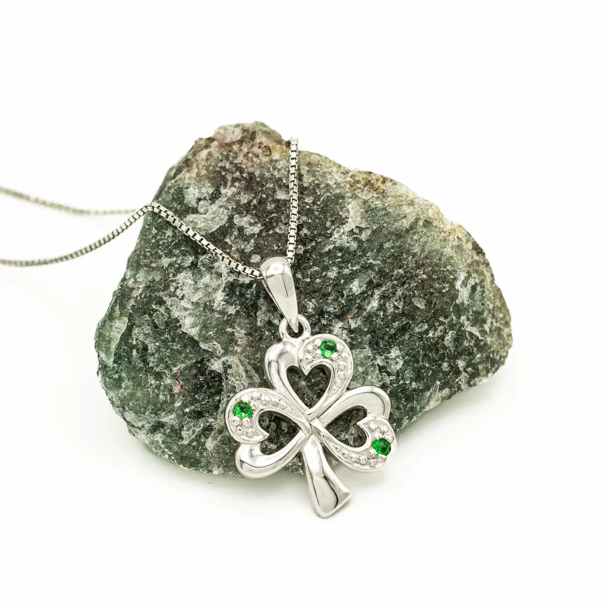 Silver Shamrock Necklace With Synthetic Emeralds