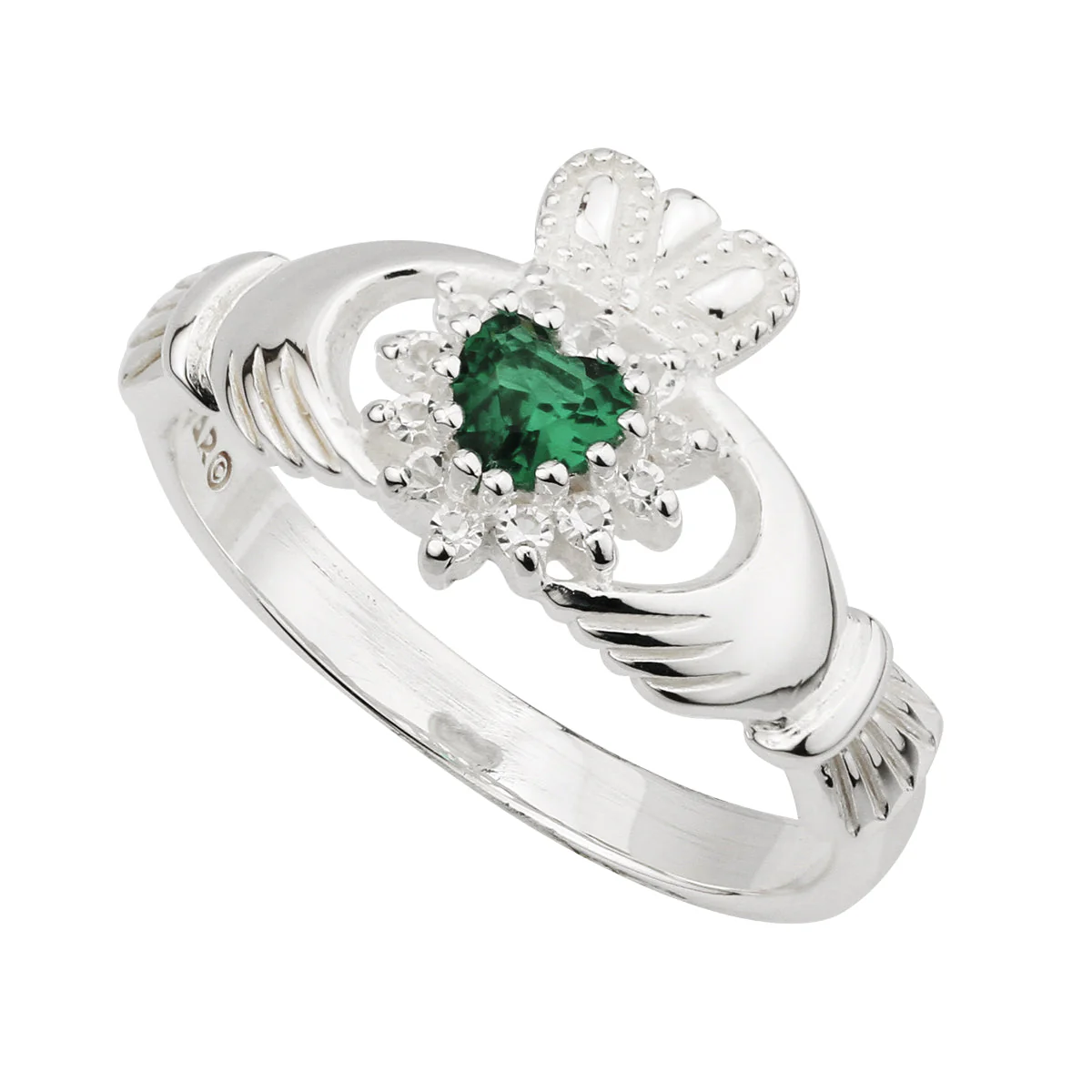 Silver Claddagh Ring With Green Crystal Heart...