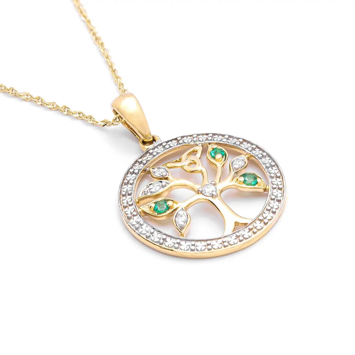 14k Gold Celtic Tree Of Life Pendant With Diamonds And Emeralds...