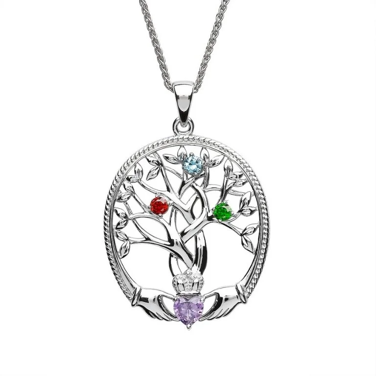 3 Stone Family Claddagh Tree of Life Necklace...