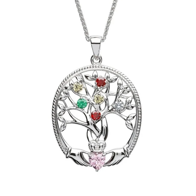 6 Stone Family Claddagh Tree of Life Necklace...