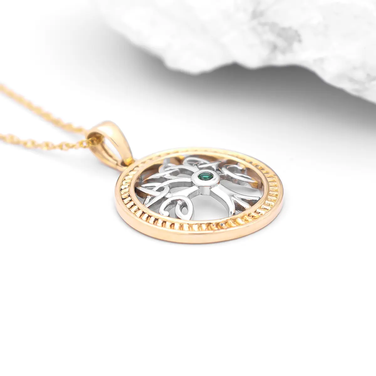 Emerald Tree of Life Necklace in Two Tone Gold Photo 5 