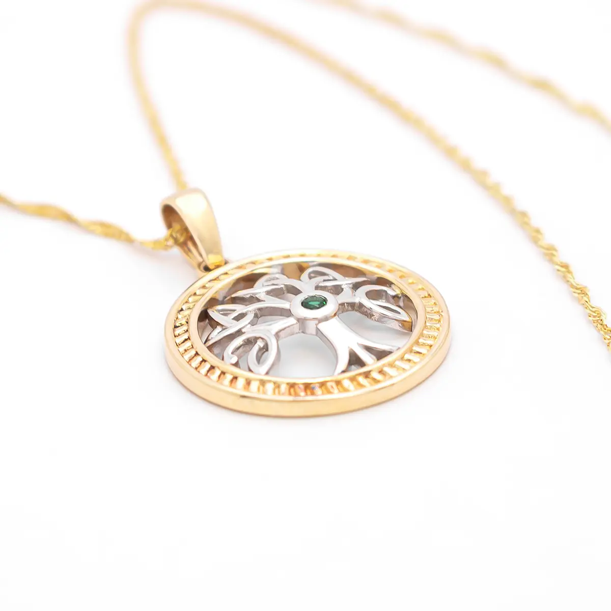 Emerald Tree of Life Necklace in Two Tone Gold Photo 2 