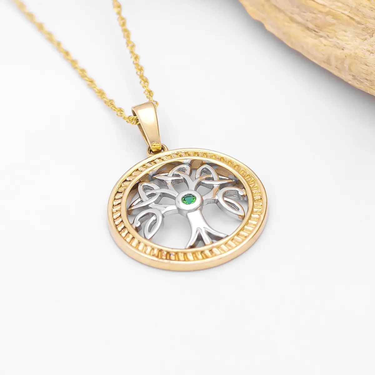 Emerald Tree of Life Necklace in Two Tone Gold