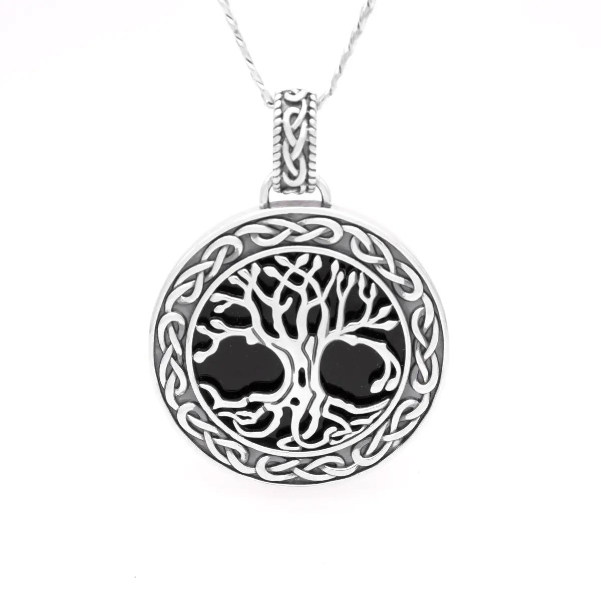 Sterling Silver Black Onyx Men's Tree of Life Pendant